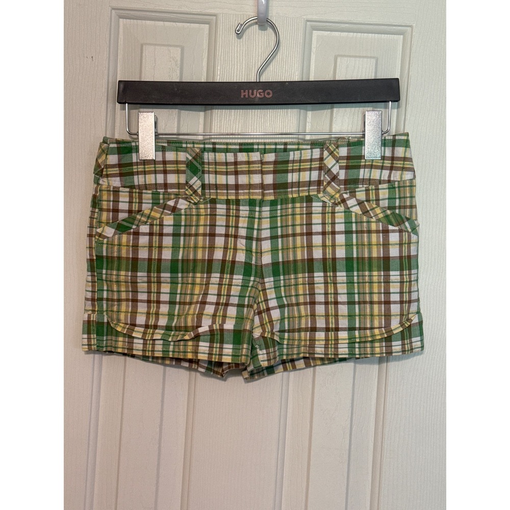 Tracy‎ Evans Plaid Shorts High Waist Career Casual Cute Green Brown Yellow Sz 7